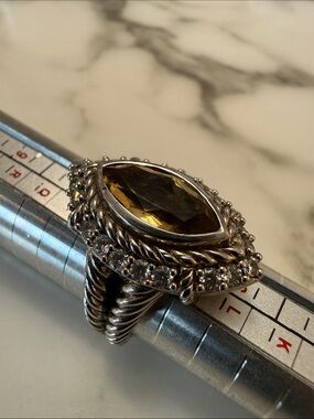 Judith Ripka silver and Marquise quartz and CZ halo ring, size 7